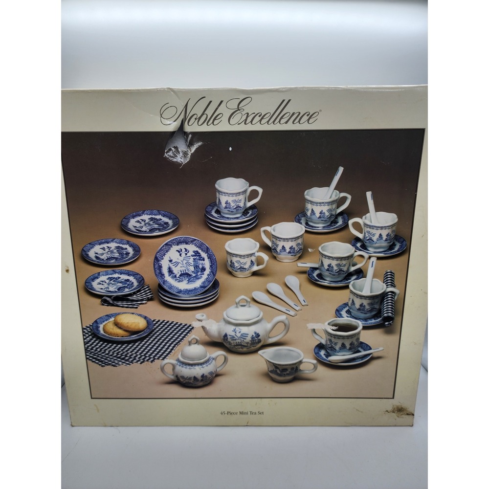 Noble Excellence Blue Willow Mini Tea Set 45 Piece Ceramic Child Tea Party Boxed